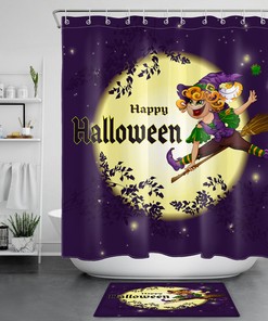Halloween Shower Curtain with Flying Witch Cartoon and Moon Night Waterproof Fabric