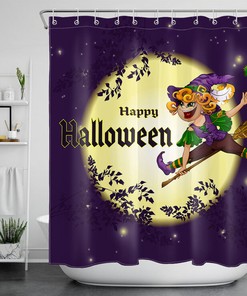 Halloween Shower Curtain with Flying Witch Cartoon and Moon Night Waterproof Fabric