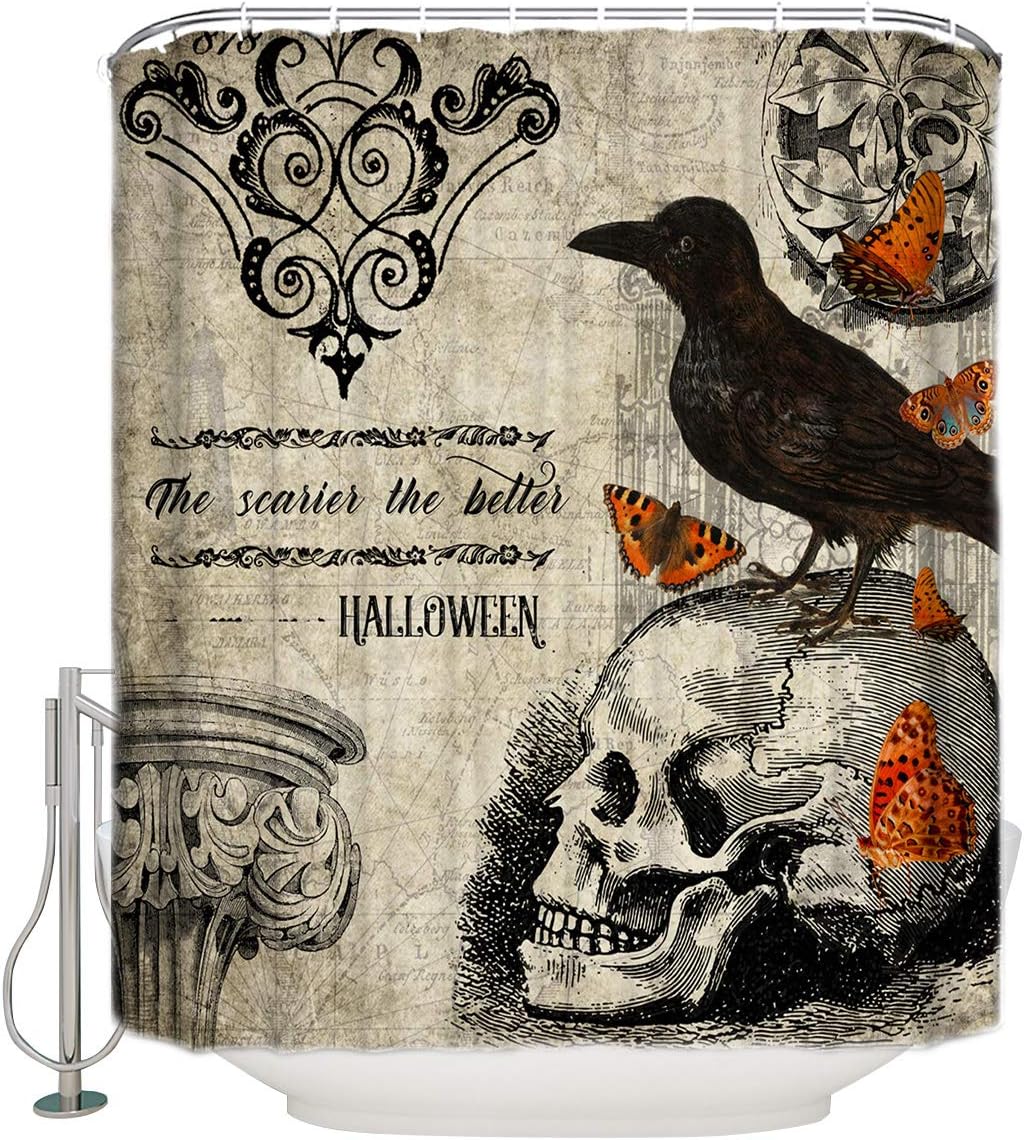 Halloween Skeleton Shower Curtain | Owl Butterfly Raven Bathroom Decor