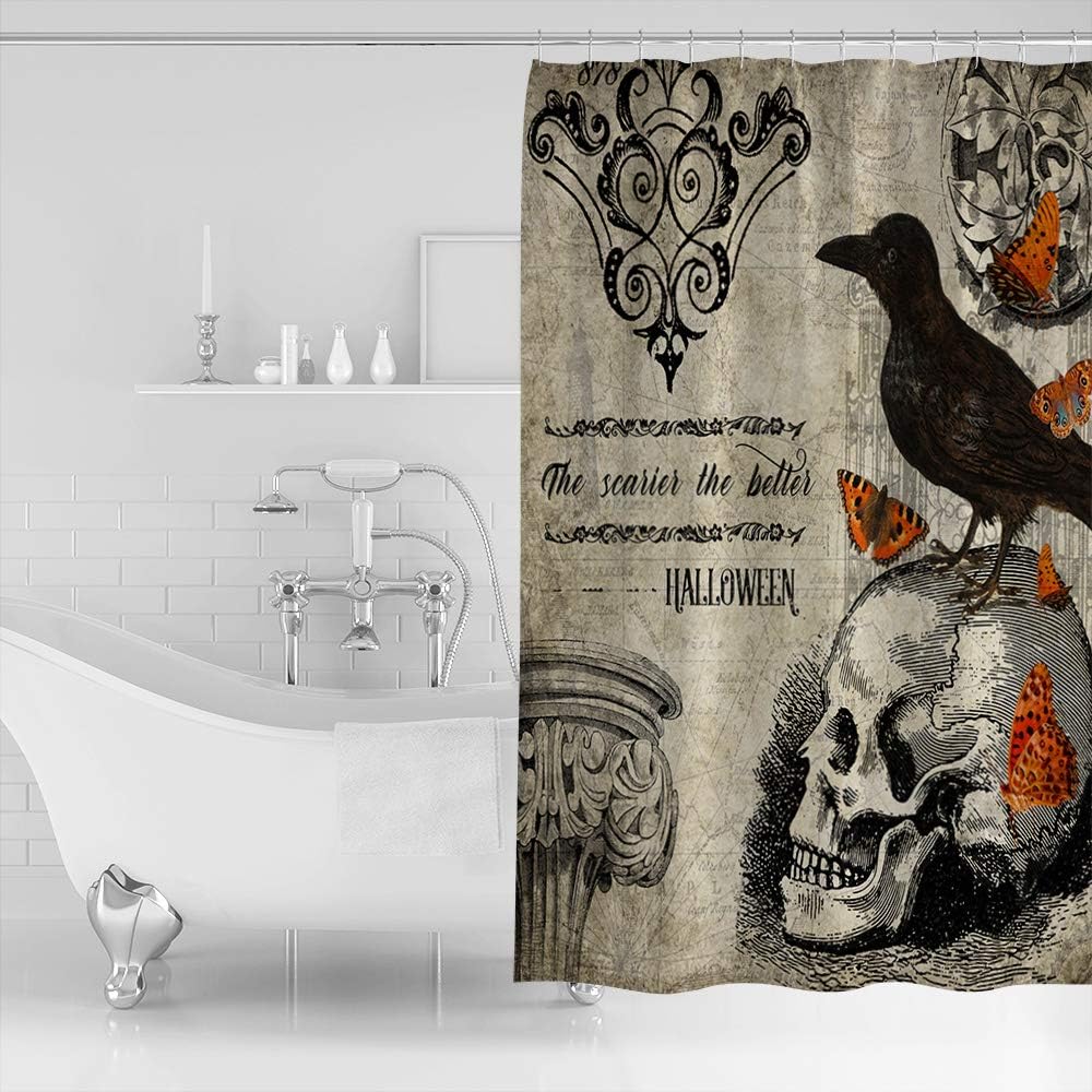 Halloween Skeleton Shower Curtain | Owl Butterfly Raven Bathroom Decor - Image 2