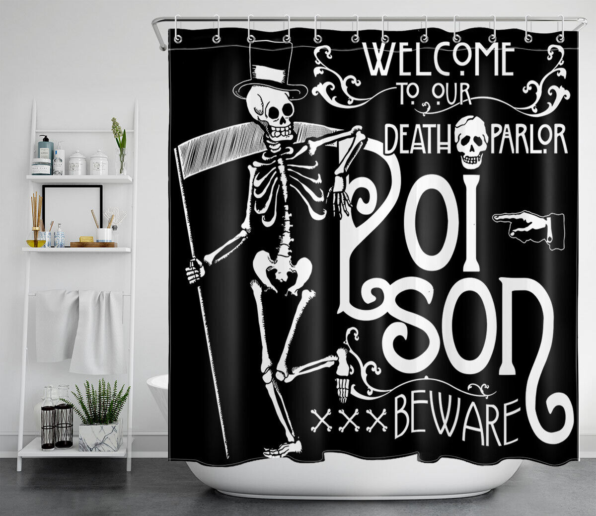 Halloween Skeleton Skull Black And White Shower Curtain - Waterproof Fabric Bathroom Decoration