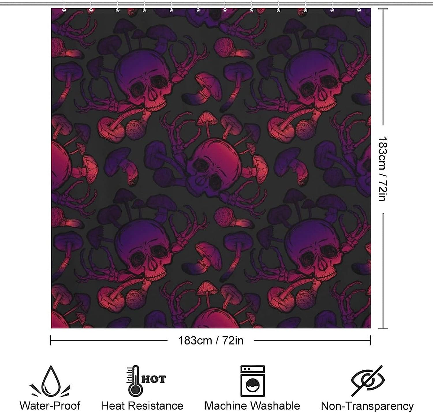 Halloween Skull, Mushrooms And Bones Shower Curtain - Waterproof Fabric Decoration With Metal Grommet Holes