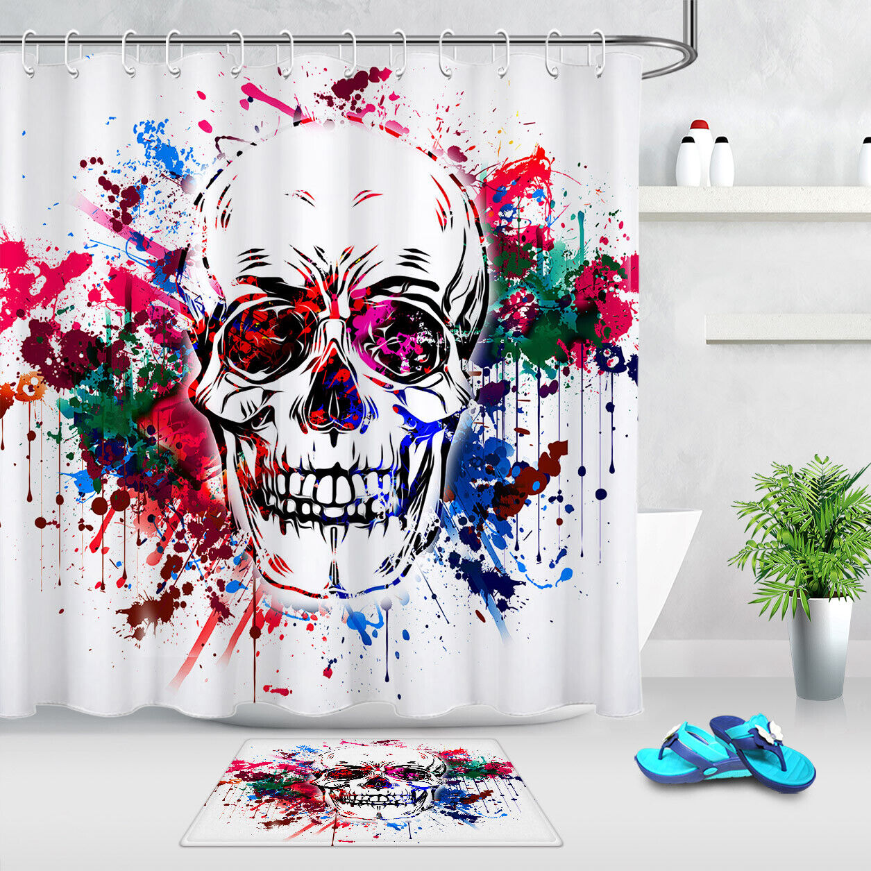 Halloween Skull Watercolor Splash Shower Curtain for Bathroom