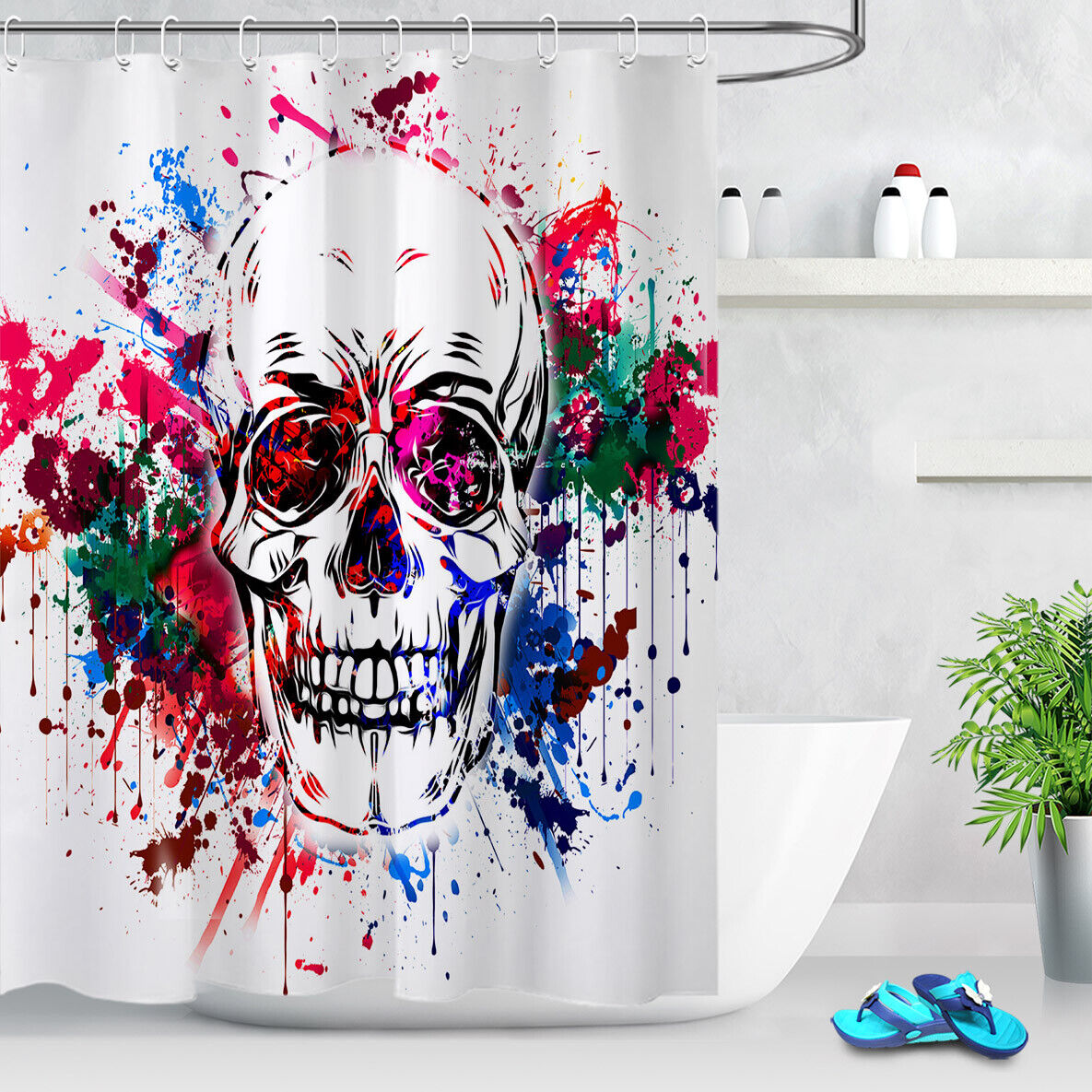 Halloween Skull Watercolor Splash Shower Curtain for Bathroom