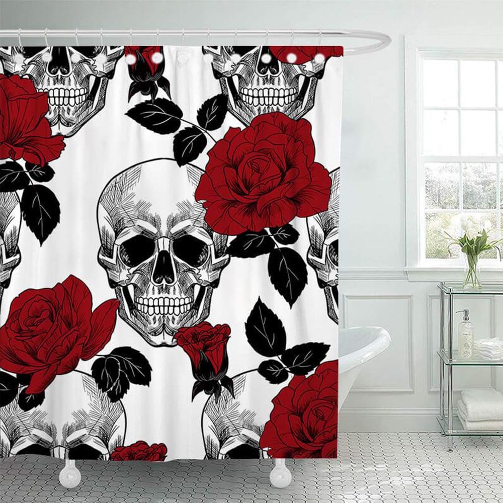 Halloween Skull and Flowers Shower Curtain for a Spooky and Romantic Bathroom