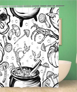 Halloween The Witch Cauldron Skull Leaves Pumpkin Mushrooms Cartoon Shower Curtain with Bathroom Decoration by Topyee