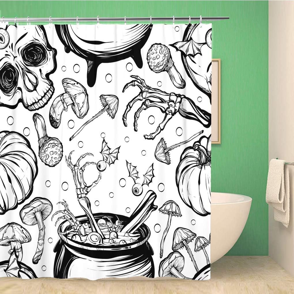 Halloween The Witch Cauldron Skull Leaves Pumpkin Mushrooms Cartoon Shower Curtain with Bathroom Decoration by Topyee