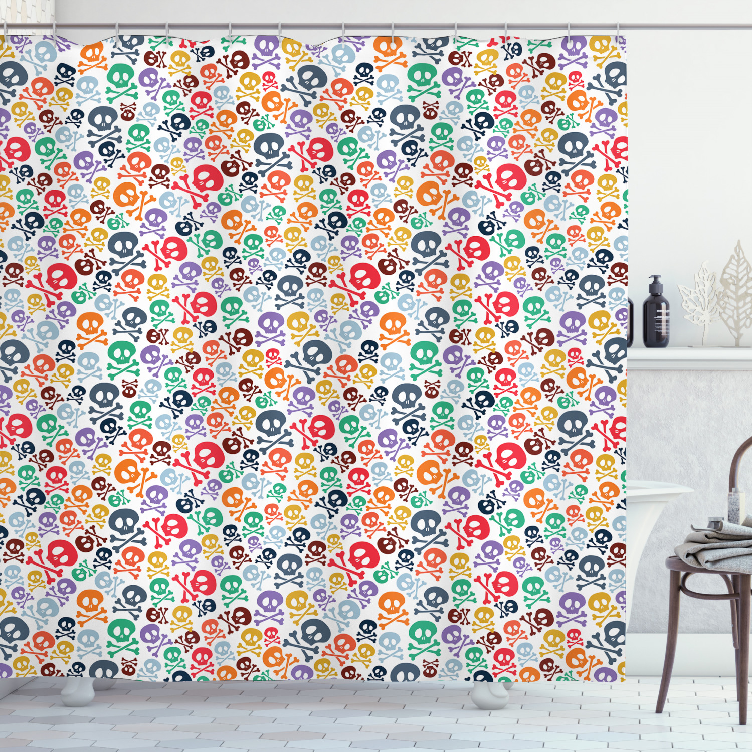 Halloween Theme Skull Print Colorful Shower Curtain For A Spooky Bathroom Decorr