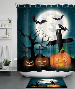 Halloween Tombstone Horror Shower Curtain - Moon And Bats Design For Bathroom Decor