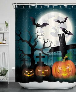 Halloween Tombstone Horror Shower Curtain - Moon And Bats Design For Bathroom Decor