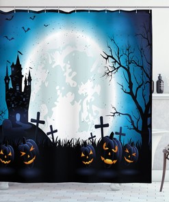Halloween Waterproof Shower Curtain Of Pumpkins Under Full Moon Print