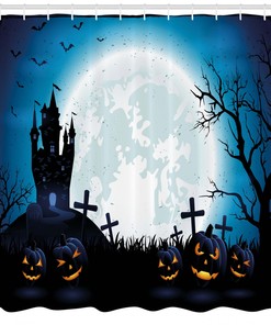 Halloween Waterproof Shower Curtain Of Pumpkins Under Full Moon Print