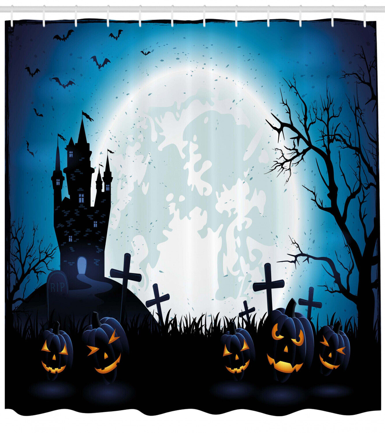 Halloween Waterproof Shower Curtain Of Pumpkins Under Full Moon Print