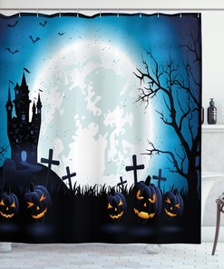 Halloween Waterproof Shower Curtain Of Pumpkins Under Full Moon Print