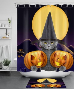 Halloween Witch Hat, Cat And Pumpkin Lantern Shower Curtain - Waterproof Fabric Bathroom Decor