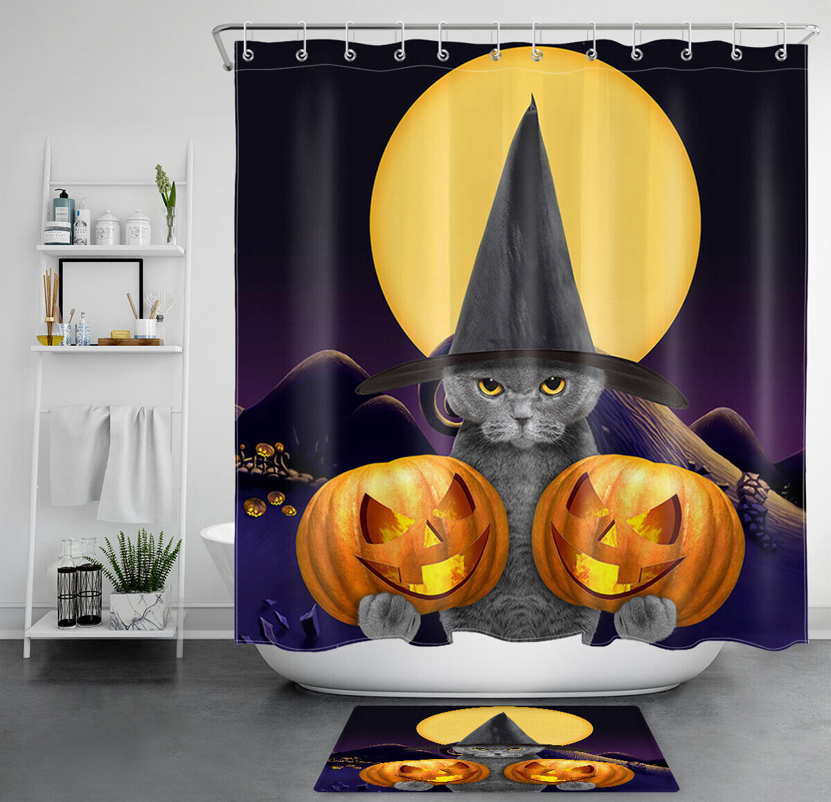 Halloween Witch Hat, Cat And Pumpkin Lantern Shower Curtain - Waterproof Fabric Bathroom Decor