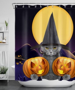 Halloween Witch Hat, Cat And Pumpkin Lantern Shower Curtain - Waterproof Fabric Bathroom Decor