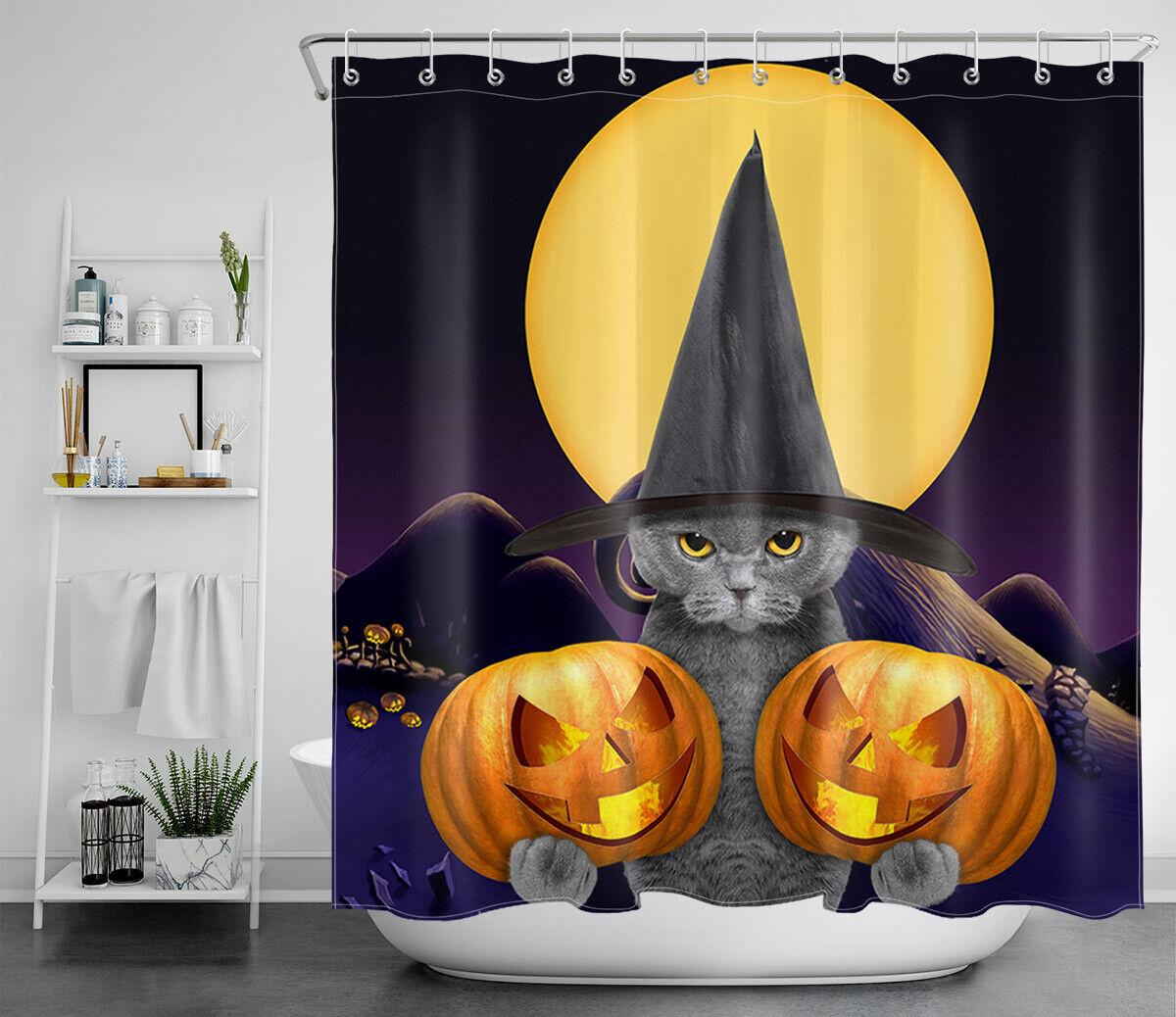 Halloween Witch Hat, Cat And Pumpkin Lantern Shower Curtain - Waterproof Fabric Bathroom Decor