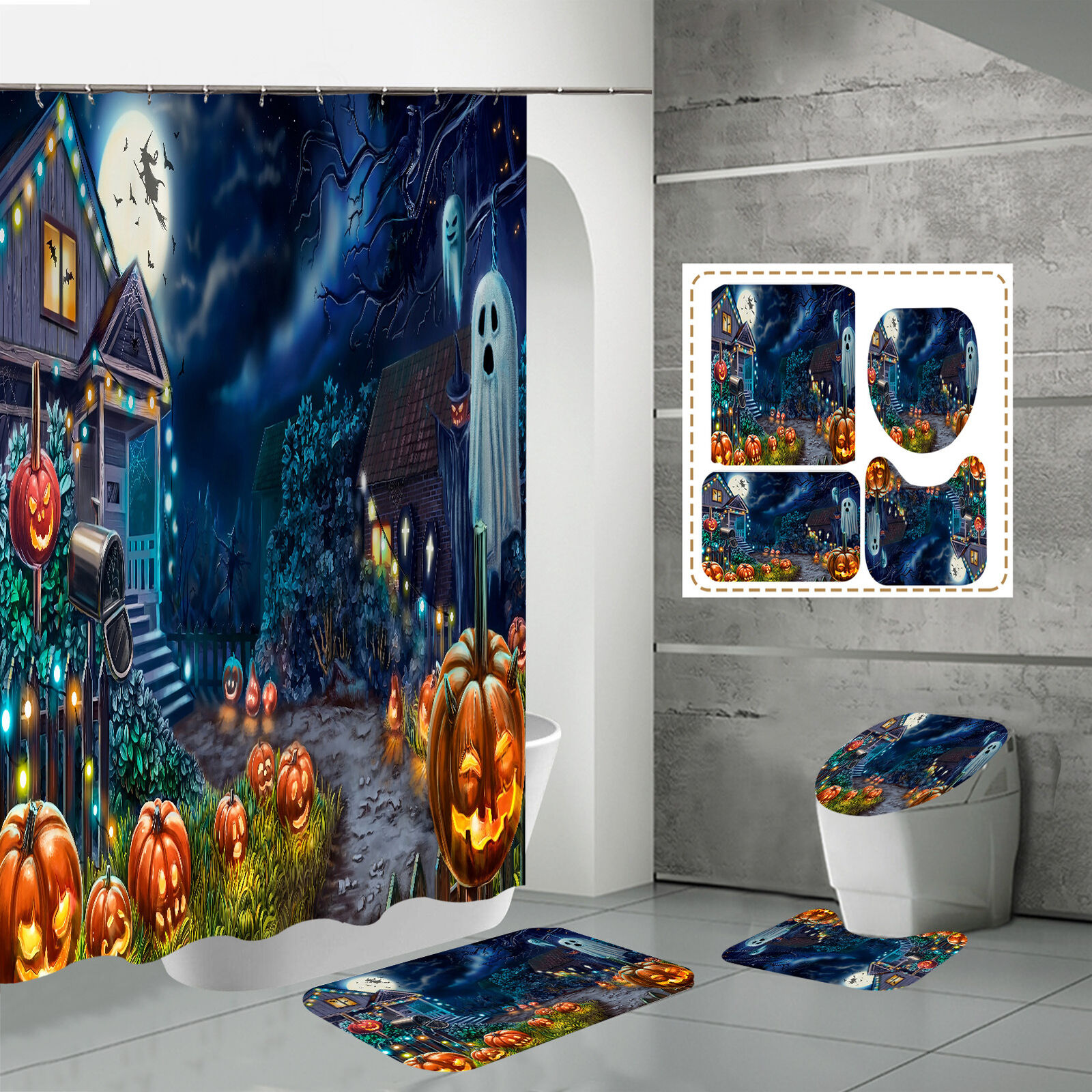 Halloween Witch House And Pumpkin Moon Shower Curtain - Waterproof Fabric Decoration