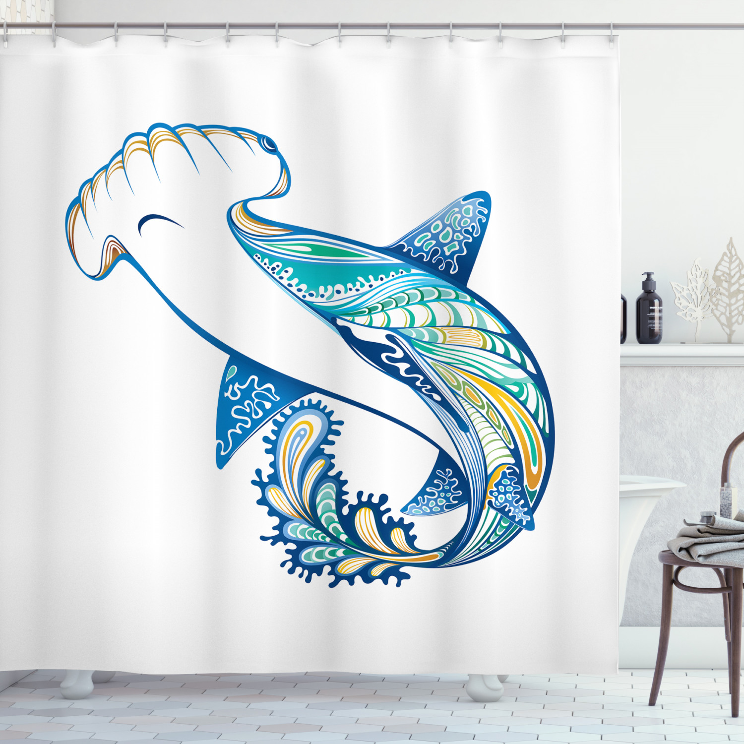 Hammer Head Shark Marine Shower Curtain Ocean Print for Bathroom