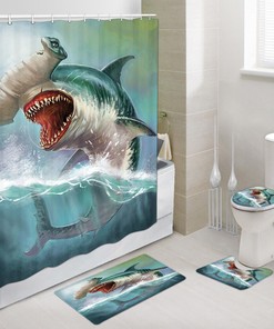 Hammerhead Shark With Open Mouth Shower Curtain - Decorative Bath And Toilet Curtain Set