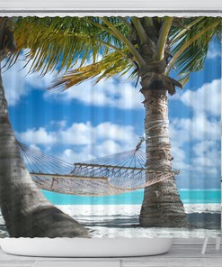Hammock Beach Shower Curtain - Window Sea View Bathroom Decoration Artwork