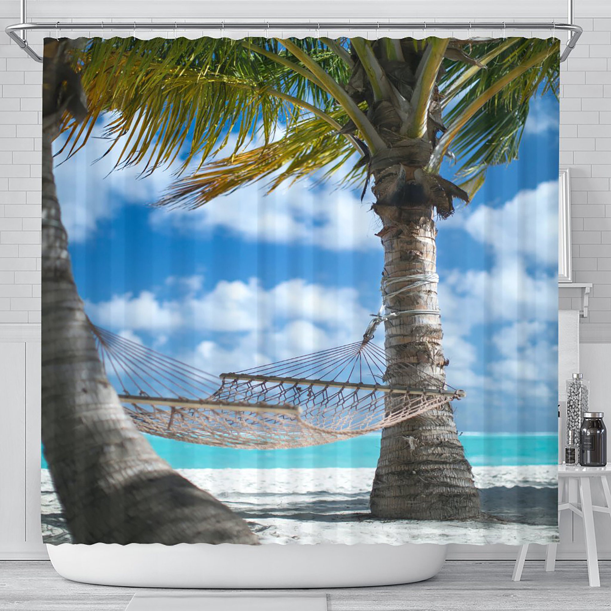 Hammock Beach Shower Curtain - Window Sea View Bathroom Decoration Artwork