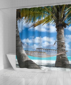 Hammock Beach Shower Curtain - Window Sea View Bathroom Decoration Artwork