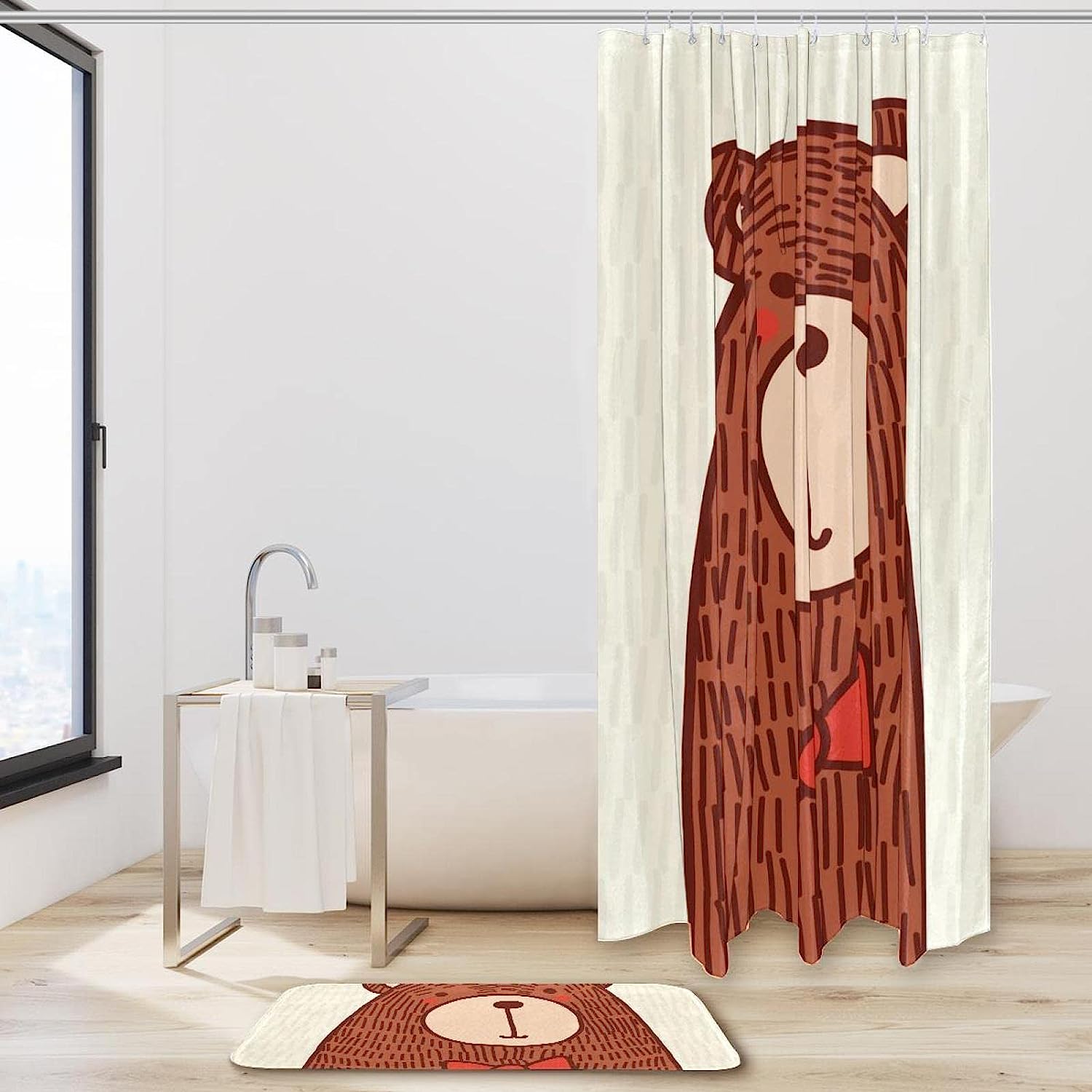Hand Drawn Bear Shower Curtain - Waterproof Bathroom Decoration Accessory