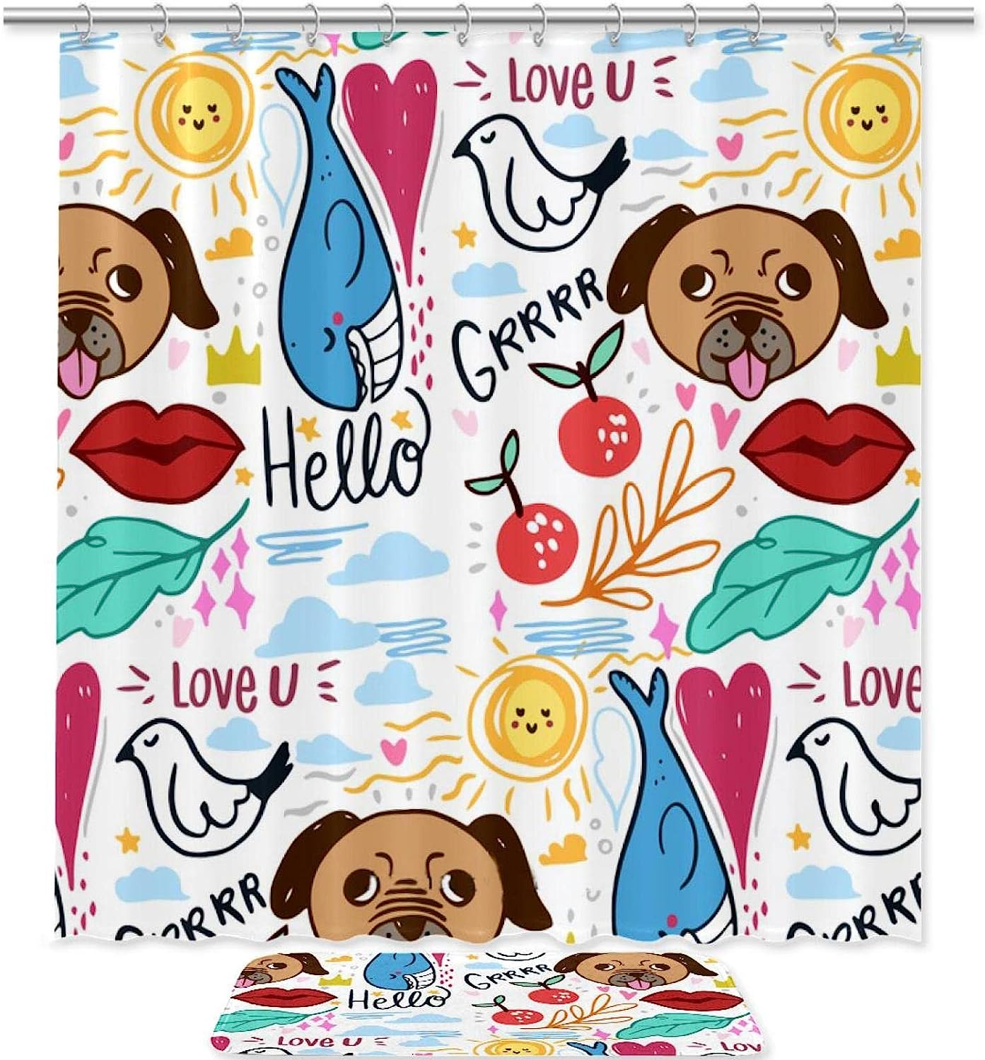 Hand Drawn Cartoon Dogs Shower Curtain - Waterproof Fabric Bathroom Decoration