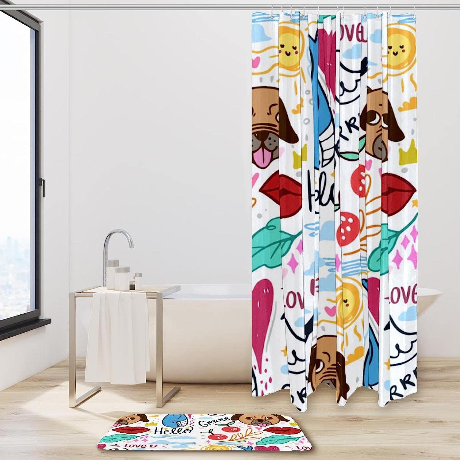 Hand Drawn Cartoon Dogs Shower Curtain - Waterproof Fabric Bathroom Decoration