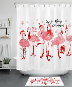 Hand Drawn Christmas Flamingo Shower Curtain - Snowflakes Gift And Bathroom Decoration