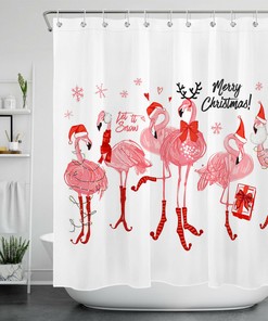 Hand Drawn Christmas Flamingo Shower Curtain - Snowflakes Gift And Bathroom Decoration