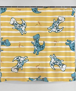 Hand Drawn Dancing Dinosaurs Art Shower Curtain - Childish And Colorful Bathroom Decoration