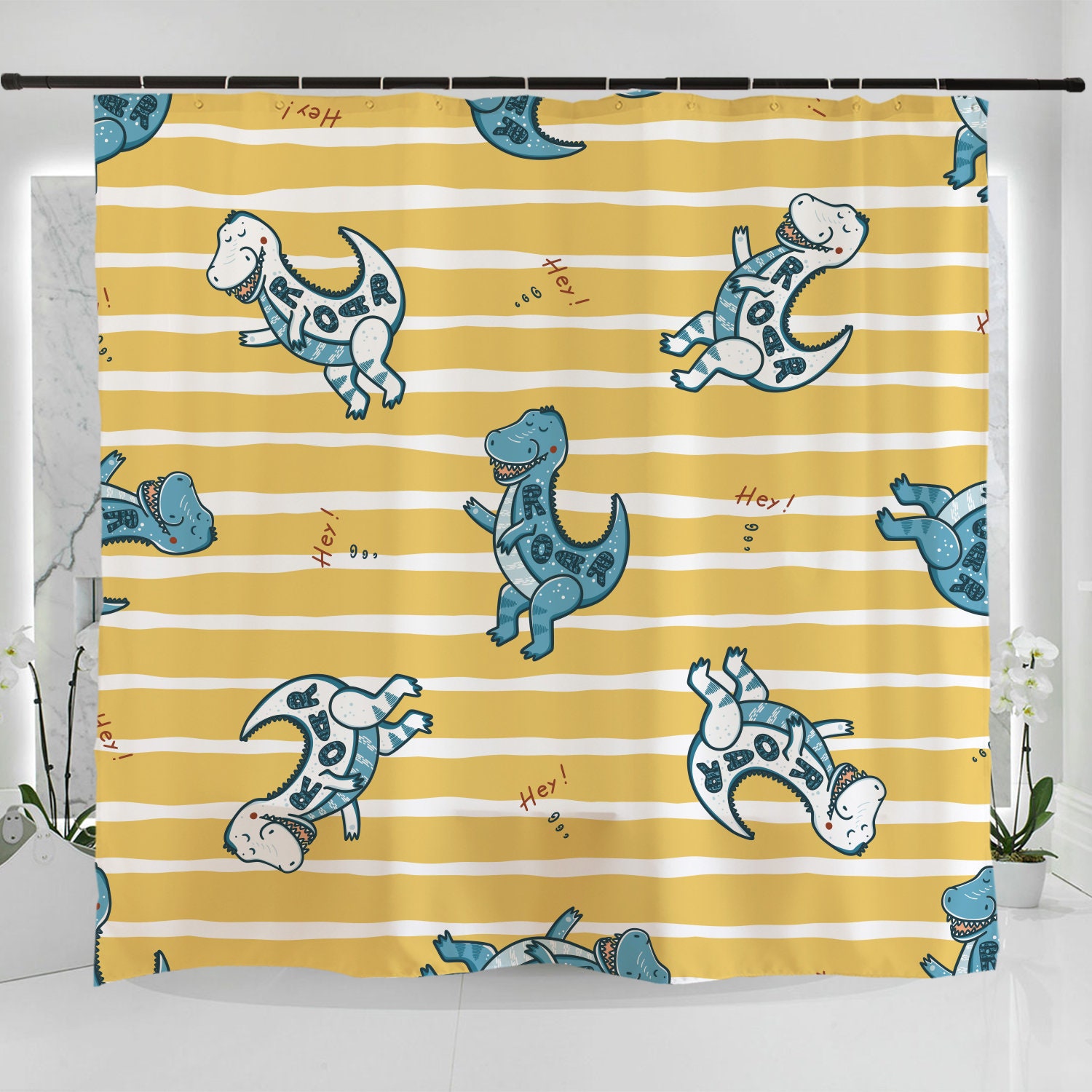 Hand Drawn Dancing Dinosaurs Art Shower Curtain - Childish And Colorful Bathroom Decoration