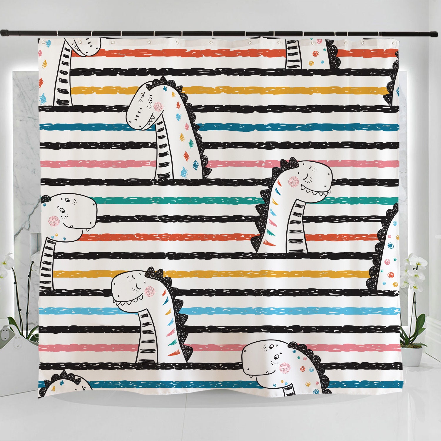 Hand Drawn Dinosaurs Art Shower Curtain - Childish And Colorful Bathroom Decoration