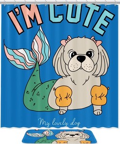 Hand Drawn Dog Puppy With Mermaid Tail Shower Curtain - Waterproof Fabric Bathroom Decor