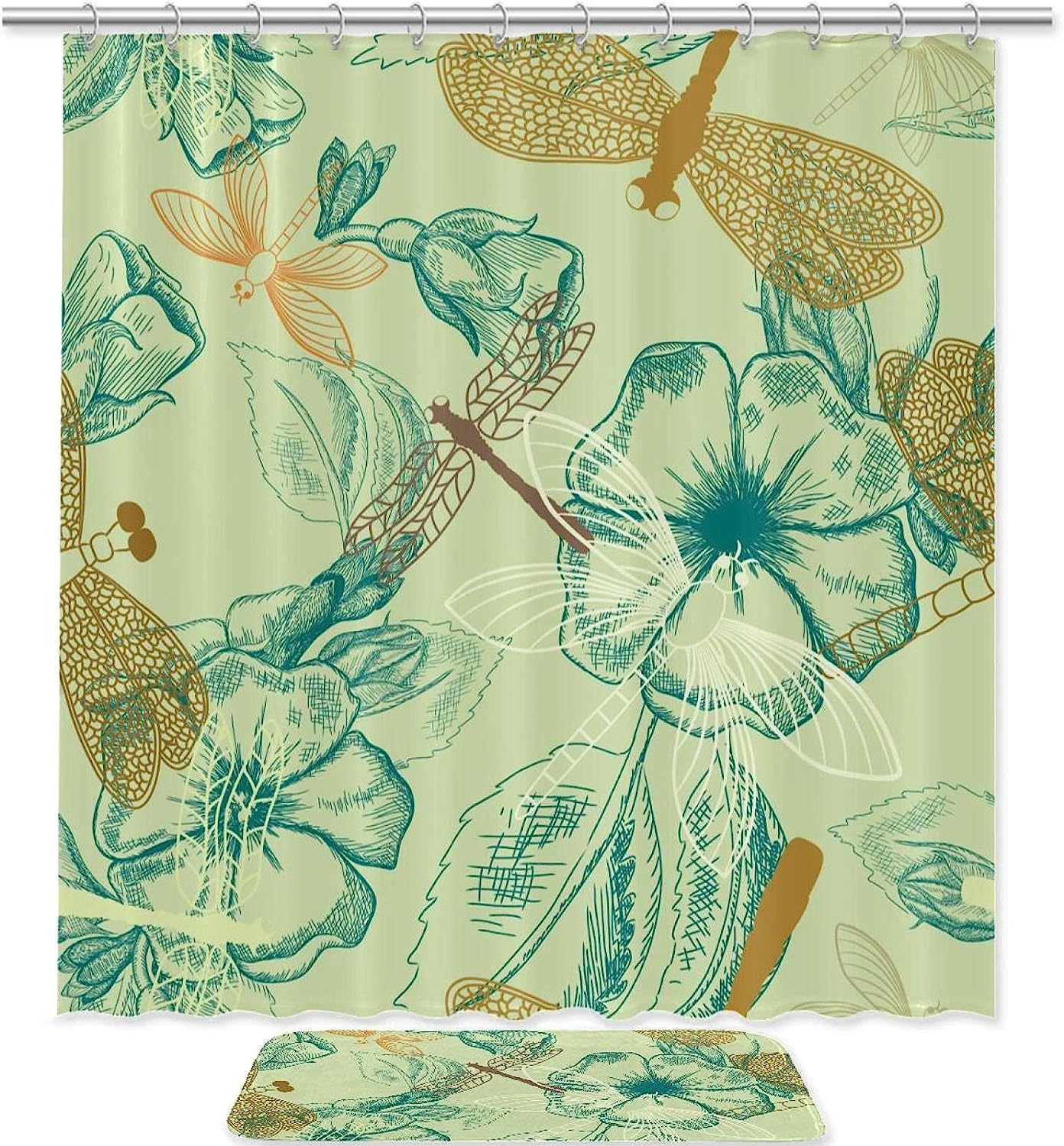 Hand Drawn Dragonfly Flowers Shower Curtain - Waterproof Fabric Bathroom Decoration