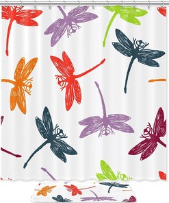 Hand Drawn Dragonfly Shower Curtain, Colorful Bathroom Decor, Microfiber Accents Fabric