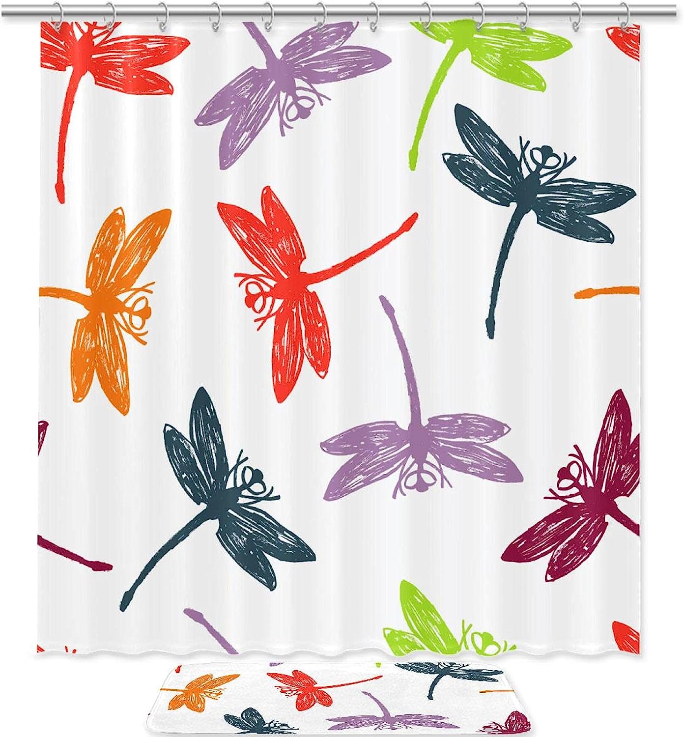 Hand Drawn Dragonfly Shower Curtain, Colorful Bathroom Decor, Microfiber Accents Fabric