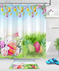 Hand Drawn Easter Eggs Rabbit Carrots Grass Shower Curtain - Bathroom Decoration For Holiday