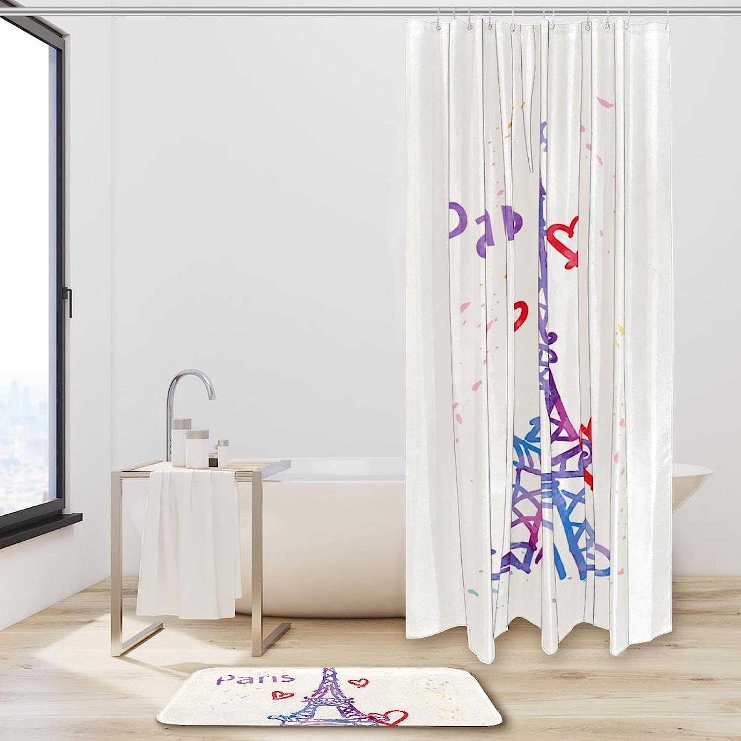 Hand Drawn Eiffel Tower Shower Curtain - Waterproof Fabric Bathroom Decoration