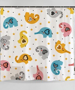 Hand Drawn Elephants With Hearts Art Shower Curtain - Stars And Colorful Illustration For Bathroom
