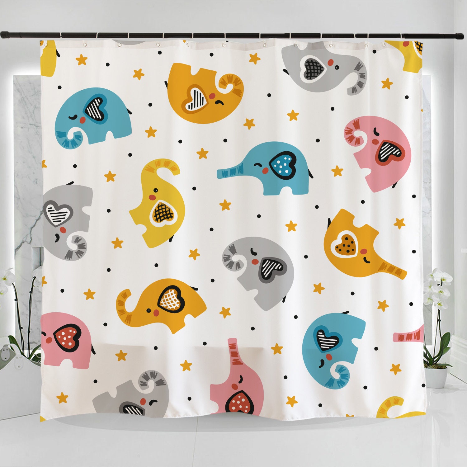 Hand Drawn Elephants With Hearts Art Shower Curtain - Stars And Colorful Illustration For Bathroom