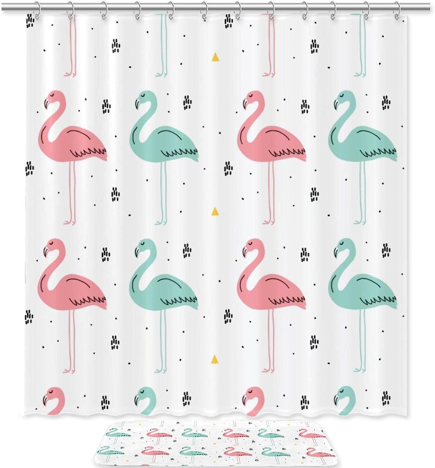 Hand Drawn Flamingo Printed Bathroom Tub Set With Waterproof Fabric Shower Curtain