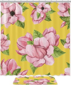 Hand Drawn Magnolia Flower Printed Bathroom Tub Set With Waterproof Fabric Shower Curtain