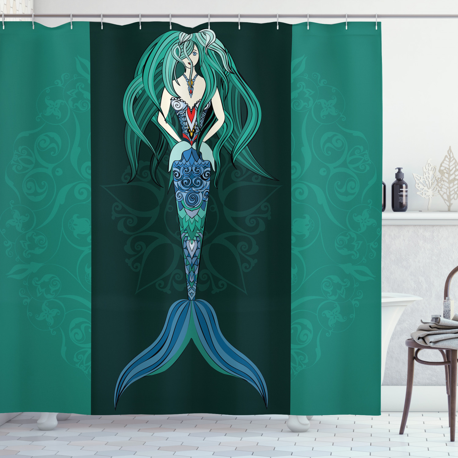 Hand Drawn Mermaid Mandala Shower Curtain for Serene Bathroom Decor
