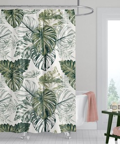 Hand Drawn Monstera Leaf Bath Curtain With Green Leaves For Your Unique Bathroom 