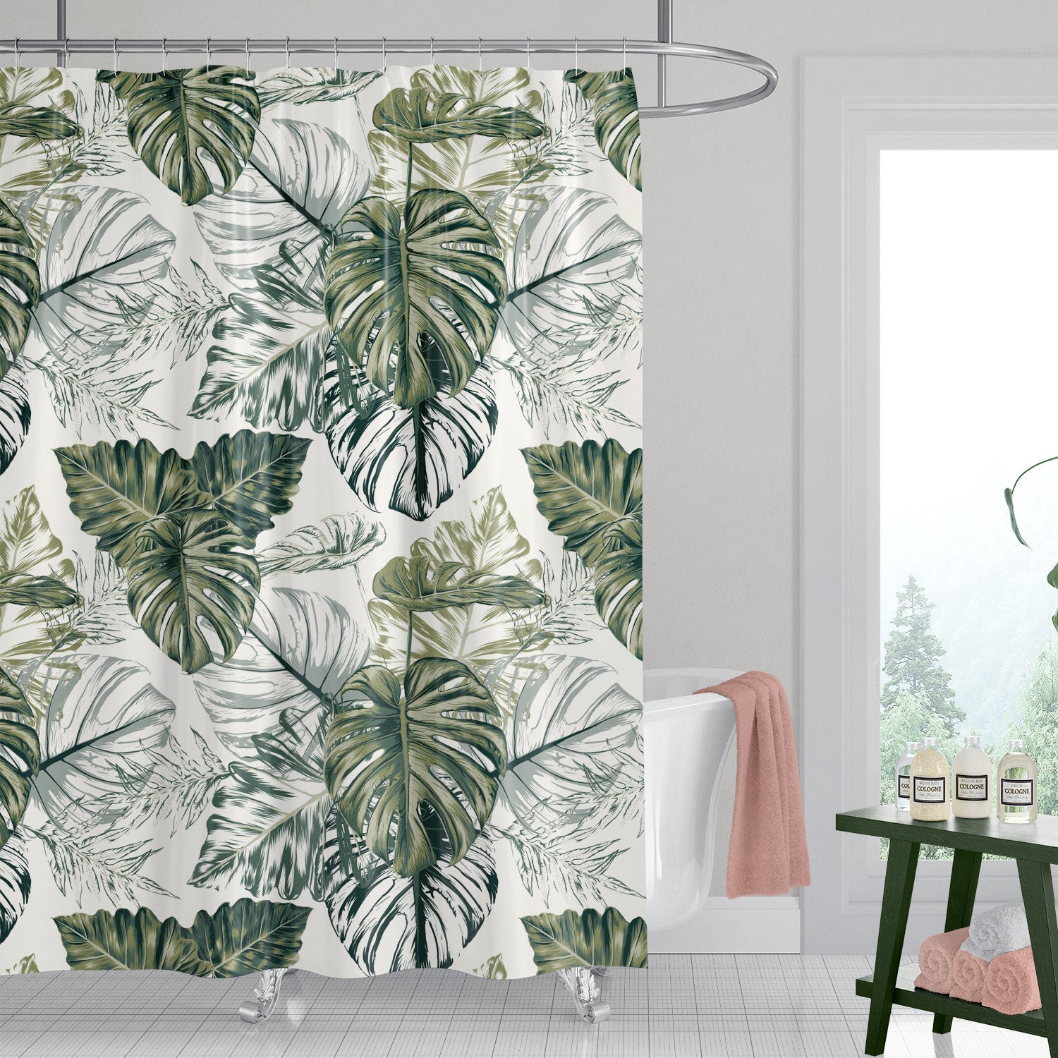 Hand Drawn Monstera Leaf Bath Curtain With Green Leaves For Your Unique Bathroom