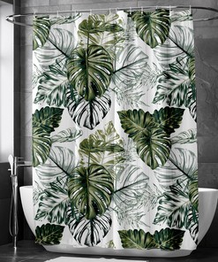 Hand Drawn Monstera Leaf Bath Curtain With Green Leaves For Your Unique Bathroom